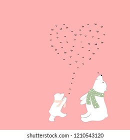 Vector polar bear Mommy sitting looking at child playing around with flying bees in heart shape,Two white bear with heart shape background on pink pastel,Baby shower,kid birthday,Mother day card