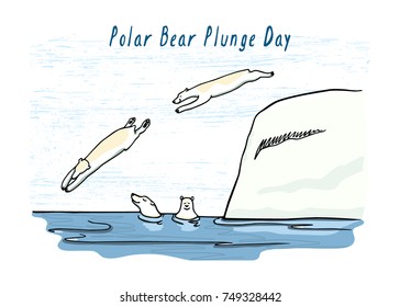 Vector Polar Bear Plunge day card. Hand drawn cute polar bears diving and swimming in icy cold ocean waters of the north pole. Beautiful ink drawing, funny card.