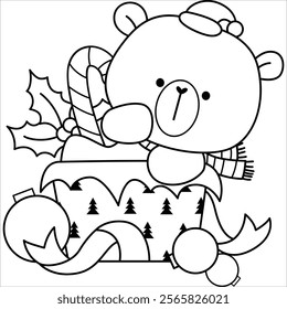 a vector of polar bear with a present in black and white