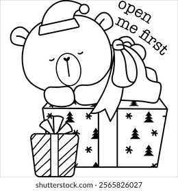 a vector of polar bear with a present in black and white