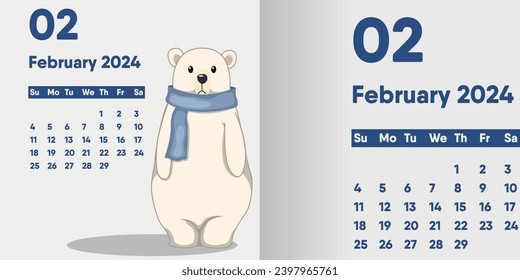 Vector polar bear with a scarf. February 2024 calendar with polar bear, cartoon funny character.