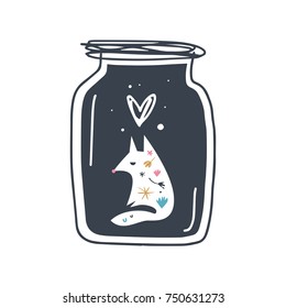 Vector polar fox in a glass jar and inscription, cute magical animal, heart, postcard, poster, illustration, winter, children's picture.