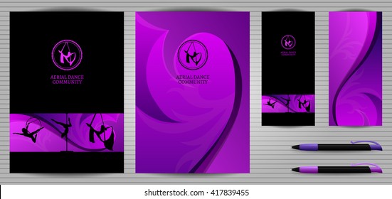 Vector Pole Dance and Aerial Sports School Corporate Identity and Stationery Templates Set. Document, Book 