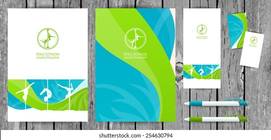 Vector Pole Dance School Corporate Identity and Stationery Templates Set on Wood Background. Document, Book Cover, Flyer, Business Card and Pen. 