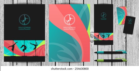 Vector Pole Dance School Corporate Identity and Stationery Templates Set on Wood Background. Document, Book Cover, Flyer, Business Card and Pen. 
