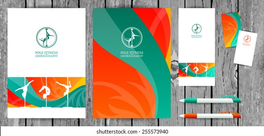 Vector Pole Dance School Corporate Identity and Stationery Templates Set on Wood Background. Document, Book Cover, Flyer, Business Card and Pen.