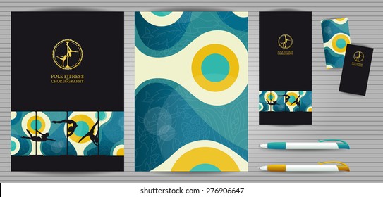 Vector Pole Dance School Corporate Identity and Stationery Templates Set on Wood Background. Document, Book Cover, Flyer, Business Card and Pen.