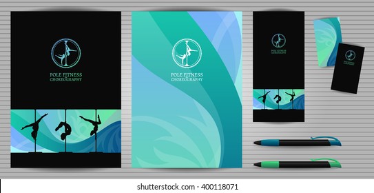 Vector Pole Dance School Corporate Identity and Stationery Templates Set. Document, Book Cover, Flyer, Business Card and Pen.