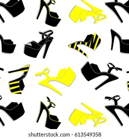 Vector pole dance sexy shoes. High heels pattern for striptease, Striped black yellow exotic dancer boots. Silhouette adult erotic shoes print