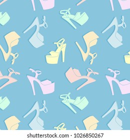 Vector pole dance shoes. Exotic dance pattern with high heels. Pastel modern decoration