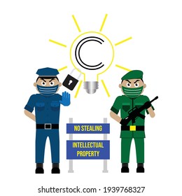 A vector of police, army, no stealing intellectual property and copyright symbol. World Intellectual Property Day concept.