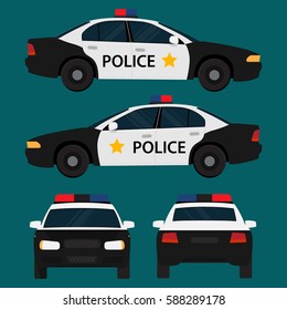 Vector police car, four view, top, side, back, front. Flat illustration icons.