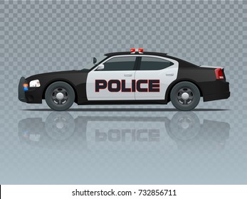 Vector Police car with rooftop flashing lights, a siren and emblems. Template isolated illustration. View side on a transparent background. Change the colour in one click