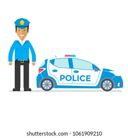 Vector police car side view and officer isolated on white with flashing light, siren. Policeman in uniform. Flat vector illustration of vehicle.