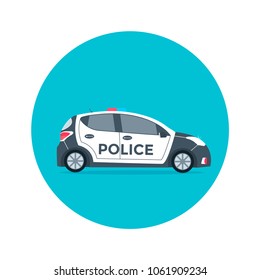 Vector police car side view isolated on blue circle with flashing light, siren. Flat vector illustration of vehicle.
