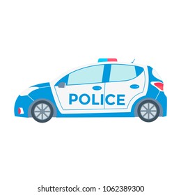 Vector police car side view isolated on white with flashing light, siren. Flat vector illustration of vehicle.