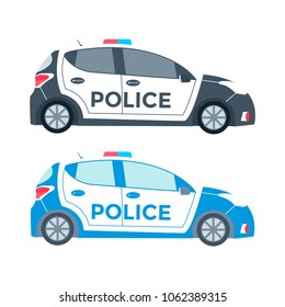 Vector police car side view isolated on white with flashing light, siren. Flat vector illustration of vehicle.