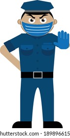 A vector of a police man wearing face mask and glove showing stop sign for covid-19 travel ban concept.