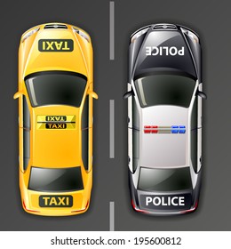 vector police and taxi cars. top view