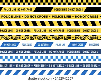 Vektorgrafik Police Warning Line Designs, gelbe und blaue Variationen, nahtlose Designs. Achtung, keine Farbbandgrafiken auf weißem Hintergrund überschneiden