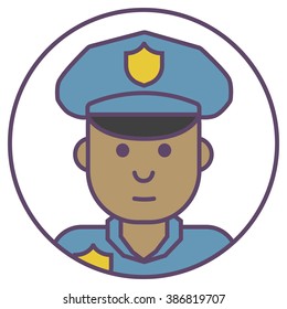 Vector policeman avatar. Policeman in cap icon. Policeman with badge avatar.