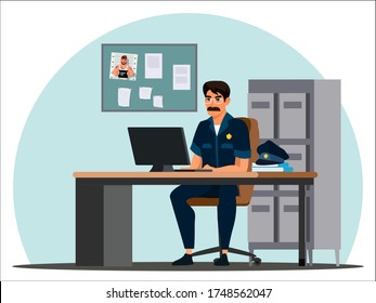 Vector policeman officer detective in uniform working on computer sitting at table. Crime investigation at police station department. Law enforcement worker at workplace. Profession, occupation