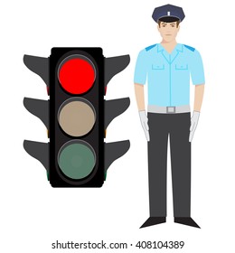 vector policeman showing stop gesture. red traffic light.