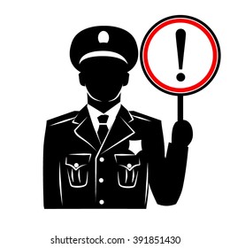 Vector policeman silhouette with round warning sign.