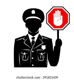 Vector Policeman Silhouette With Stop Sign.