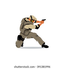 Vector Policeman Tactical Shoot Cartoon Illustration. Armed police military preparing to shoot with gun. Branding Identity Corporate Logo isolated on a white background