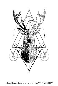 Vector poligonal animal emblem  geometric deer tattoo art style design isolated on white background.Low poly head with triangle.Tribal boho line art animal drawing.Stag head and antlers.T shirt print