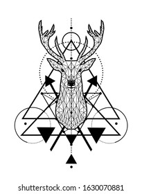 Vector poligonal emblem geometric deer tattoo art style design isolated on white background.Tribal boho line art animal drawing.Low poly with triangle and circles.Stag head and antlers.T shirt print