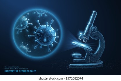 vector poligonal virus microbe in microscope zoom lens. Laboratory research, micro organism, microbiology concept.