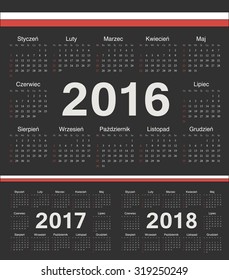 Vector Polish black circle calendars 2016, 2017, 2018. Week starts from Sunday.