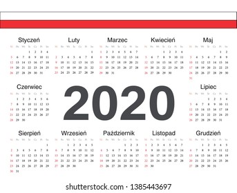 Vector Polish circle calendar 2020. Week starts from Sunday.