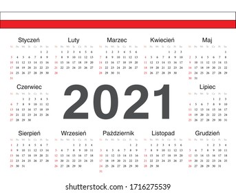 Polnischer Kreiskalender der Vektorillustration 2021. Die Woche beginnt am Sonntag.