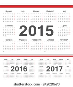 Vector Polish circle calendars 2015, 2016, 2017. Week starts from Monday.