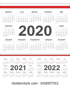 Vector Polish circle calendars 2020, 2021, 2022. Week starts from Sunday.