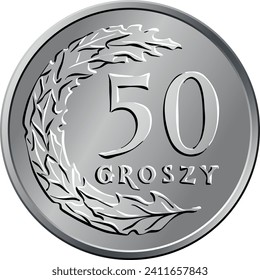 vector Polish Money fifty groszy silver coin reverse with Value and 50 leaves in semicircle shape