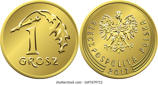vector Polish Money one grosz copper coin reverse with Value and 1 leaves obverse with eagle in golden crown