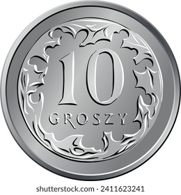 vector Polish Money ten groszy silver coin reverse with Value and 10 encircling leaves