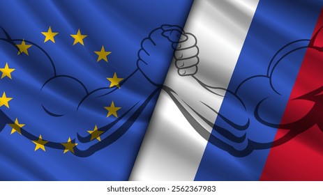 Vector political banner. Confrontation of two powerful systems. Wavy flags of European Union and Russian Federation. Strong muscular arms of bodybuilders. Arm wrestling.