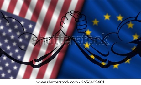Vector political banner. Confrontation of two powerful systems. Blurred wavy flags of United States of America and European Union. Strong muscular arms of bodybuilders. Arm wrestling.