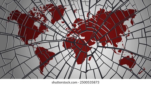 Vector political banner. Shattered world. Broken, cracked world red map. Collapse and conflicts.