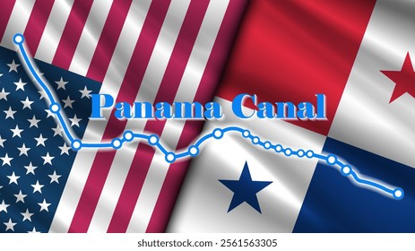 Vector political banner. Wavy flags of USA and Republic Panama. United States of America. Panama Canal diagram.