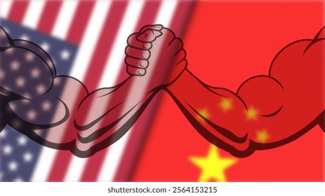 Vector political economic banner. Powerful muscular arms of bodybuilders, arm wrestling. Blurry flags of USA and China. Tense relations between countries. United States of America. Peoples Republic