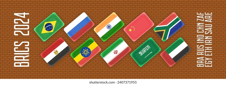 Vector political economic banner. Ten flags of the BRICS states in 2024. Brick wall. Brazil, Russia, India, China, South Africa and five new countries.