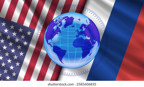 Vector political economic poster. Bright globe of planet Earth against background of wavy flags of United States of America and Russian Federation. Peace negotiations. America and Russia