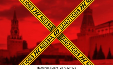 Vector political economic poster. Crossed yellow ribbon with inscription, Sanctions Russia. Dark red blurred Moscow Kremlin building. Russian federation