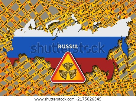 Vector political and economic poster. Map of the Russian Federation, a triangular sign and a lot of ribbons with inscriptions, sanctions